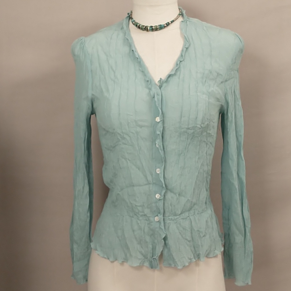 2 Silk Tops Aqua SS Peasant & Button Front Lon Slv - Picture 2 of 14